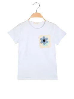 Luisa Chic T-shirt da bambina in cotone con toppa in macramè - bianco