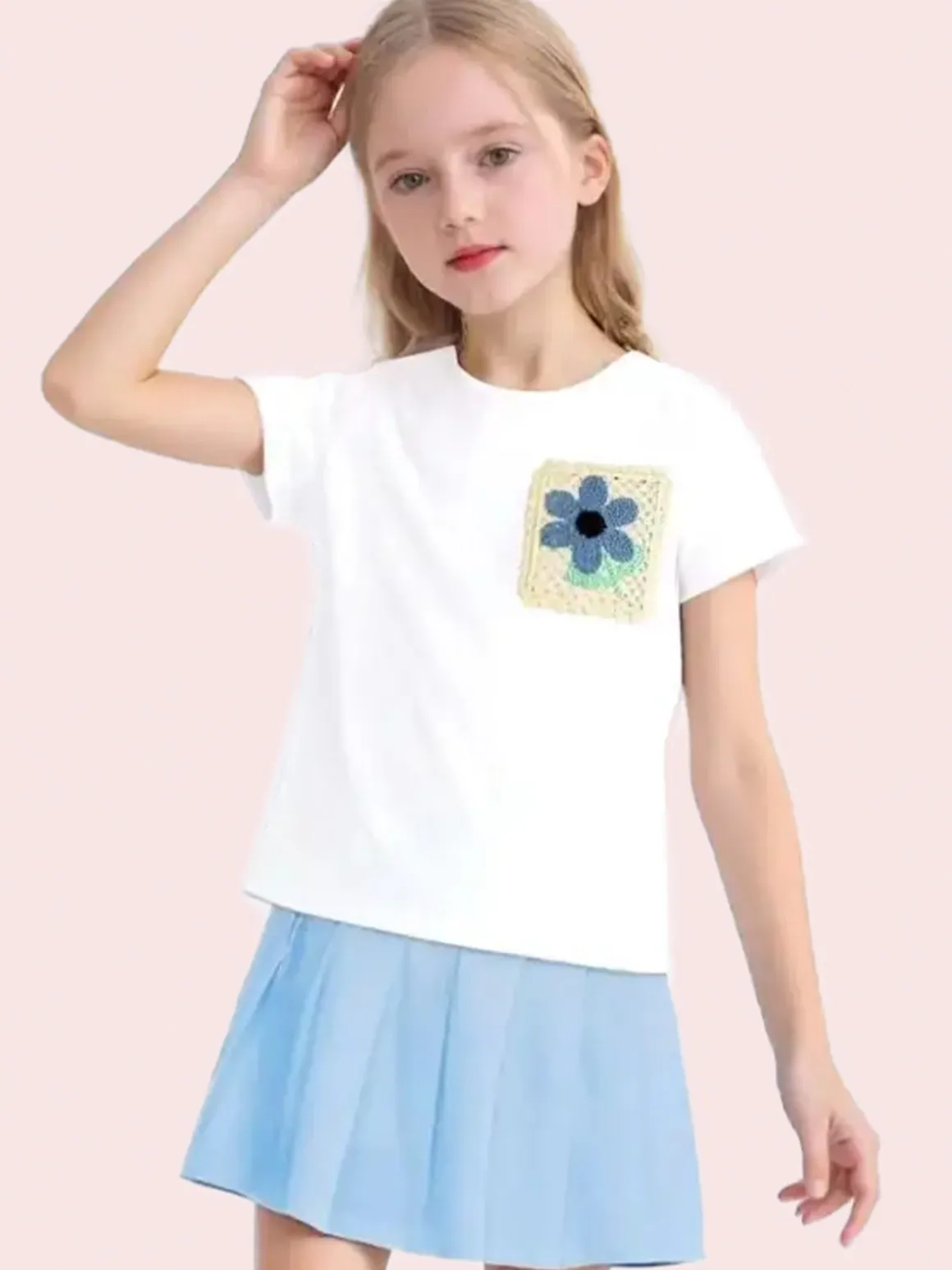 Luisa Chic T-shirt da bambina in cotone con toppa in macramè - bianco