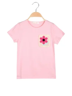 Luisa Chic T-shirt da bambina in cotone con toppa in macramè - rosa