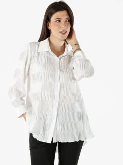 Luxesize Camicia plissettata da donna con maniche lunghe a palloncino - bianco