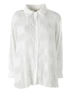 Luxesize Camicia plissettata da donna con maniche lunghe a palloncino - bianco