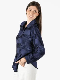 Luxesize Camicia plissettata da donna con maniche lunghe a palloncino - blu scuro