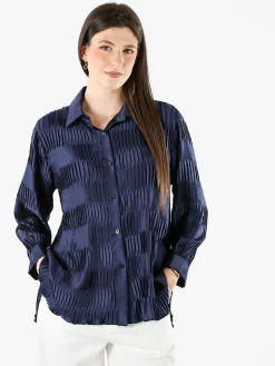 Luxesize Camicia plissettata da donna con maniche lunghe a palloncino - blu scuro