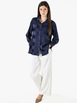 Luxesize Camicia plissettata da donna con maniche lunghe a palloncino - blu scuro