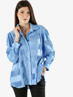 Luxesize Camicia plissettata da donna con maniche lunghe a palloncino - azzurro