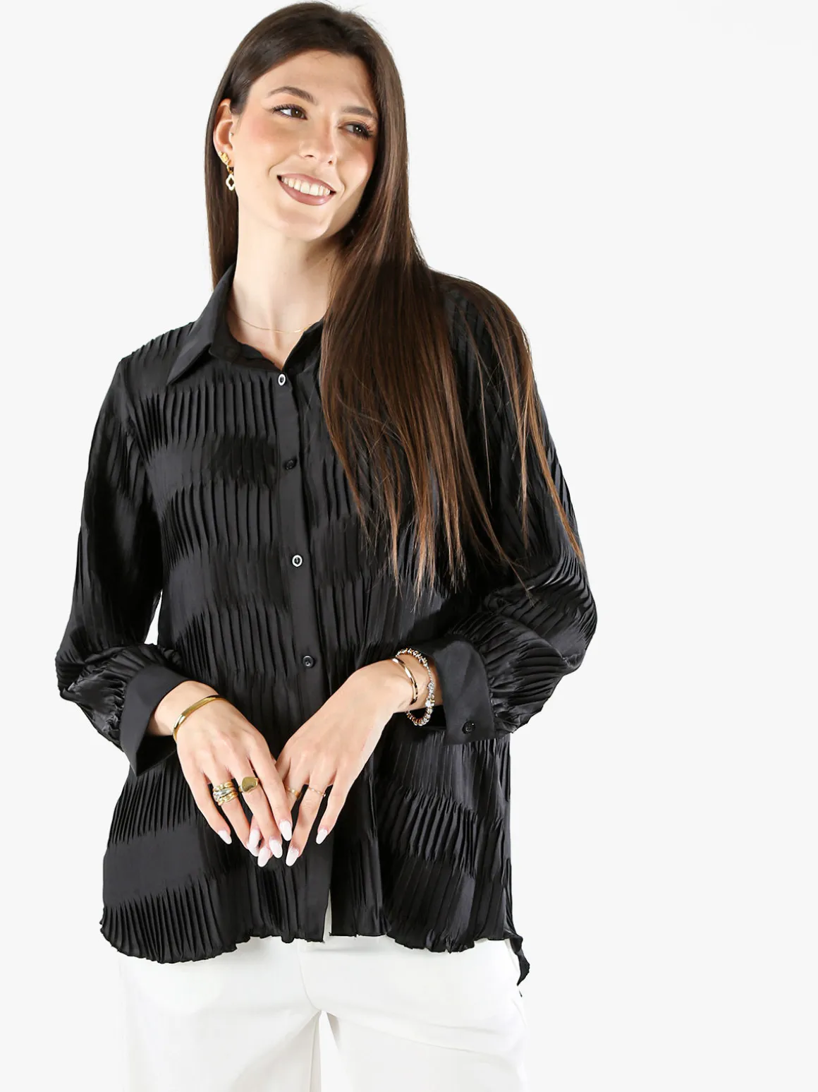 Luxesize Camicia plissettata da donna con maniche lunghe a palloncino - nero