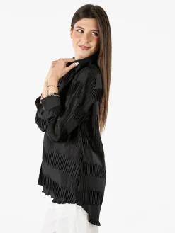Luxesize Camicia plissettata da donna con maniche lunghe a palloncino - nero