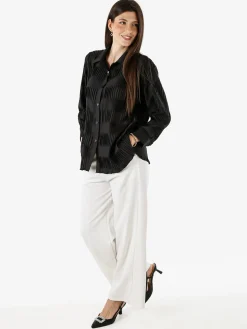Luxesize Camicia plissettata da donna con maniche lunghe a palloncino - nero