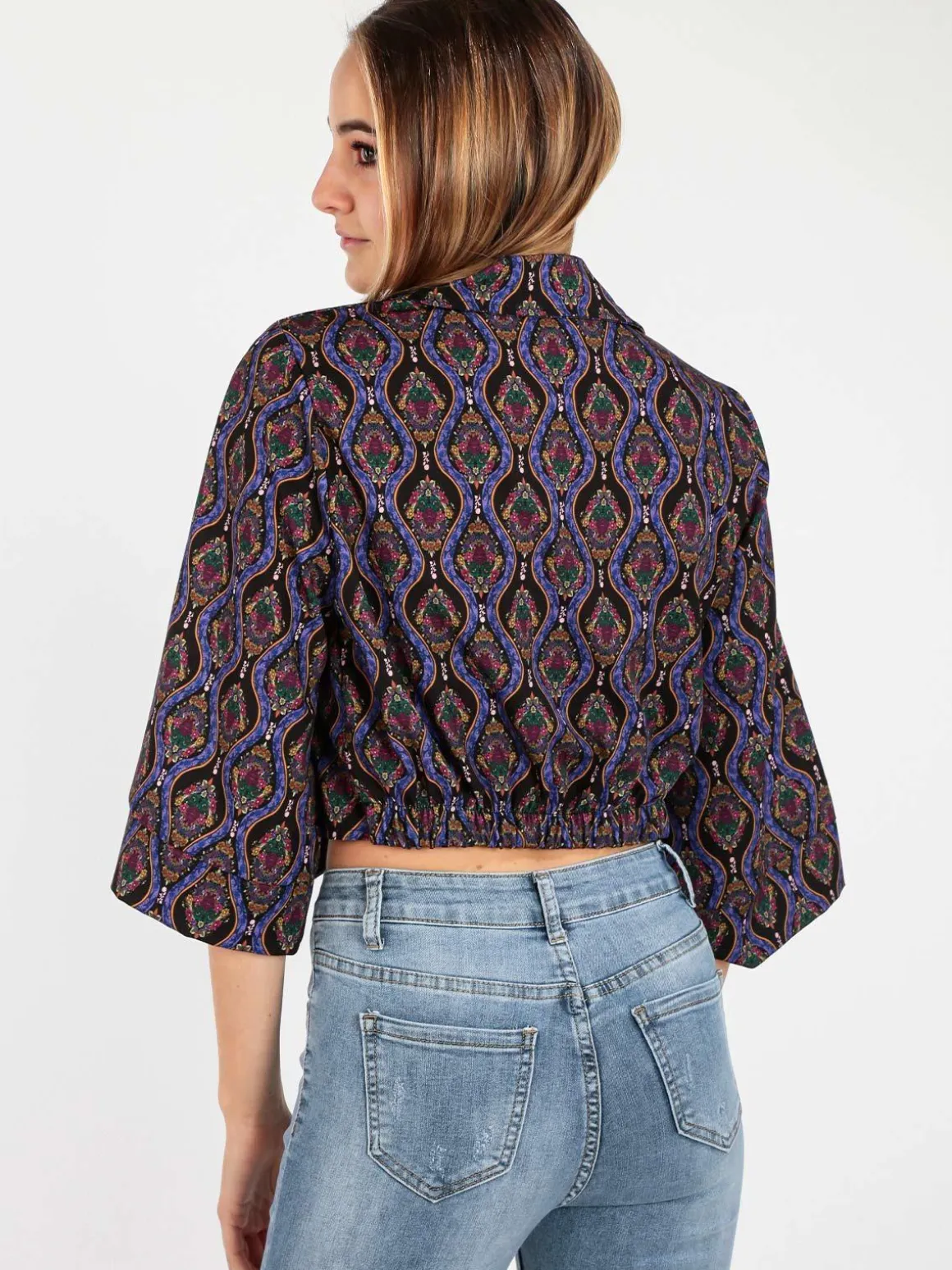 Made In Italy Camicetta donna cropped annodata con manica ampia a 3/4