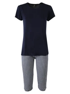 Magic Dream Pigiama da donna in fibre di bamboo con t-shirt e pinocchietti a quadretti - blu scuro