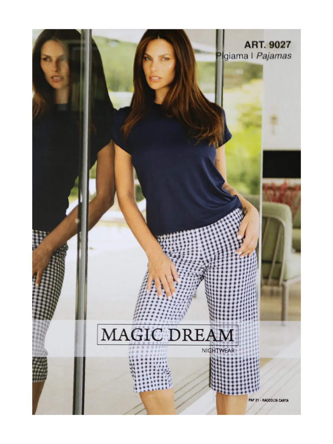 Magic Dream Pigiama da donna in fibre di bamboo con t-shirt e pinocchietti a quadretti - blu scuro