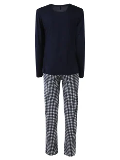Magic Dream Pigiama lungo da donna in fibre di bamboo con pantaloni a quadretti - blu scuro