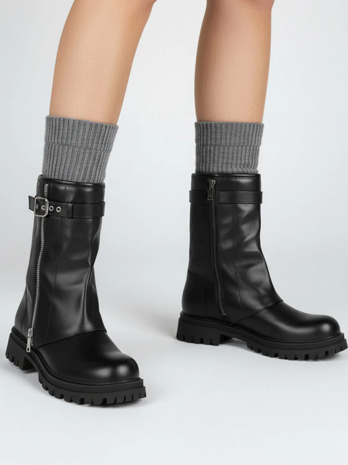 Martin Pescatore Stivaletti chunky donna a doppio strato con fibbia e zip - nero