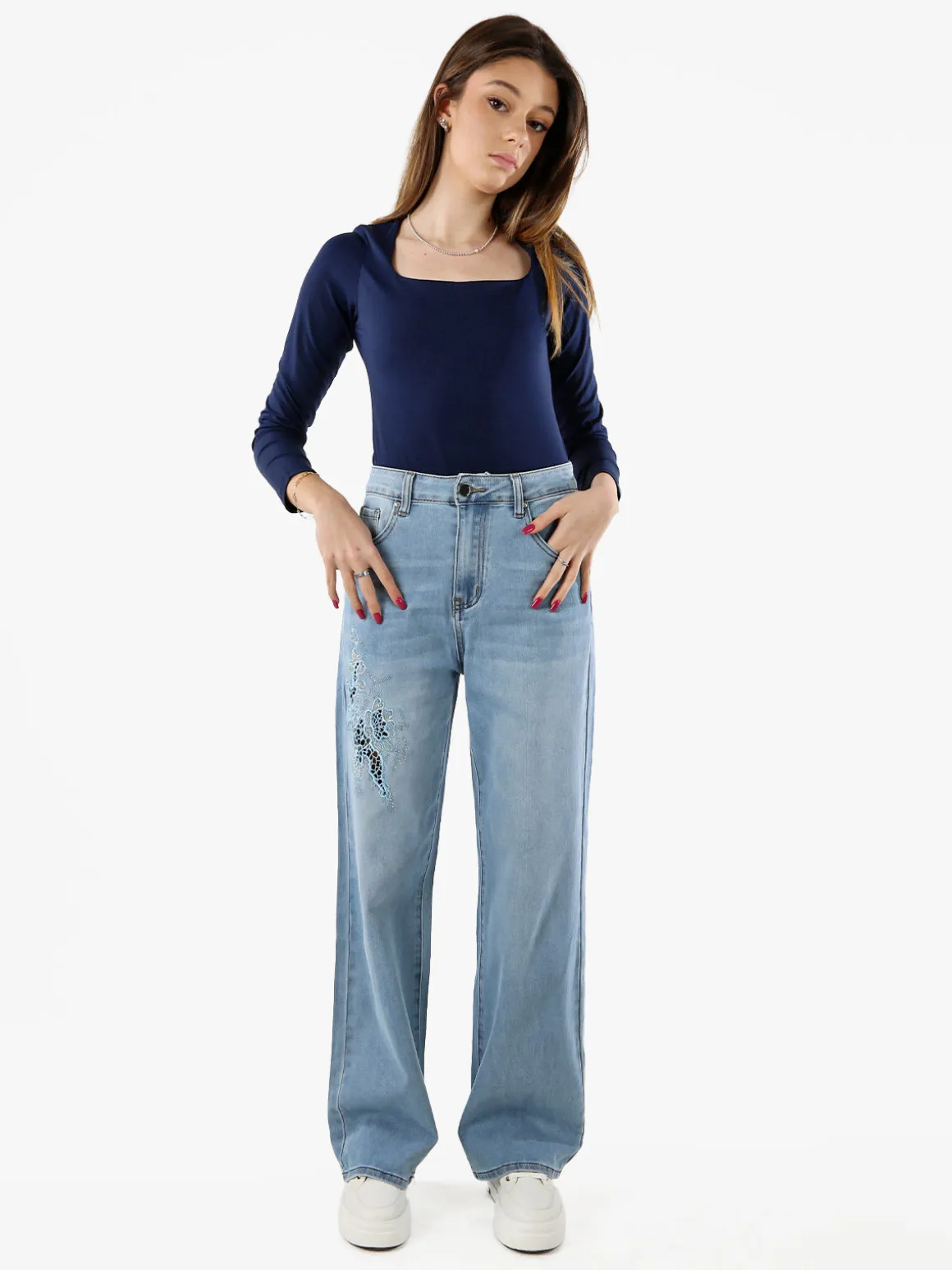 Max & Liu Jeans donna a gamba dritta con ricamo e strass - jeans