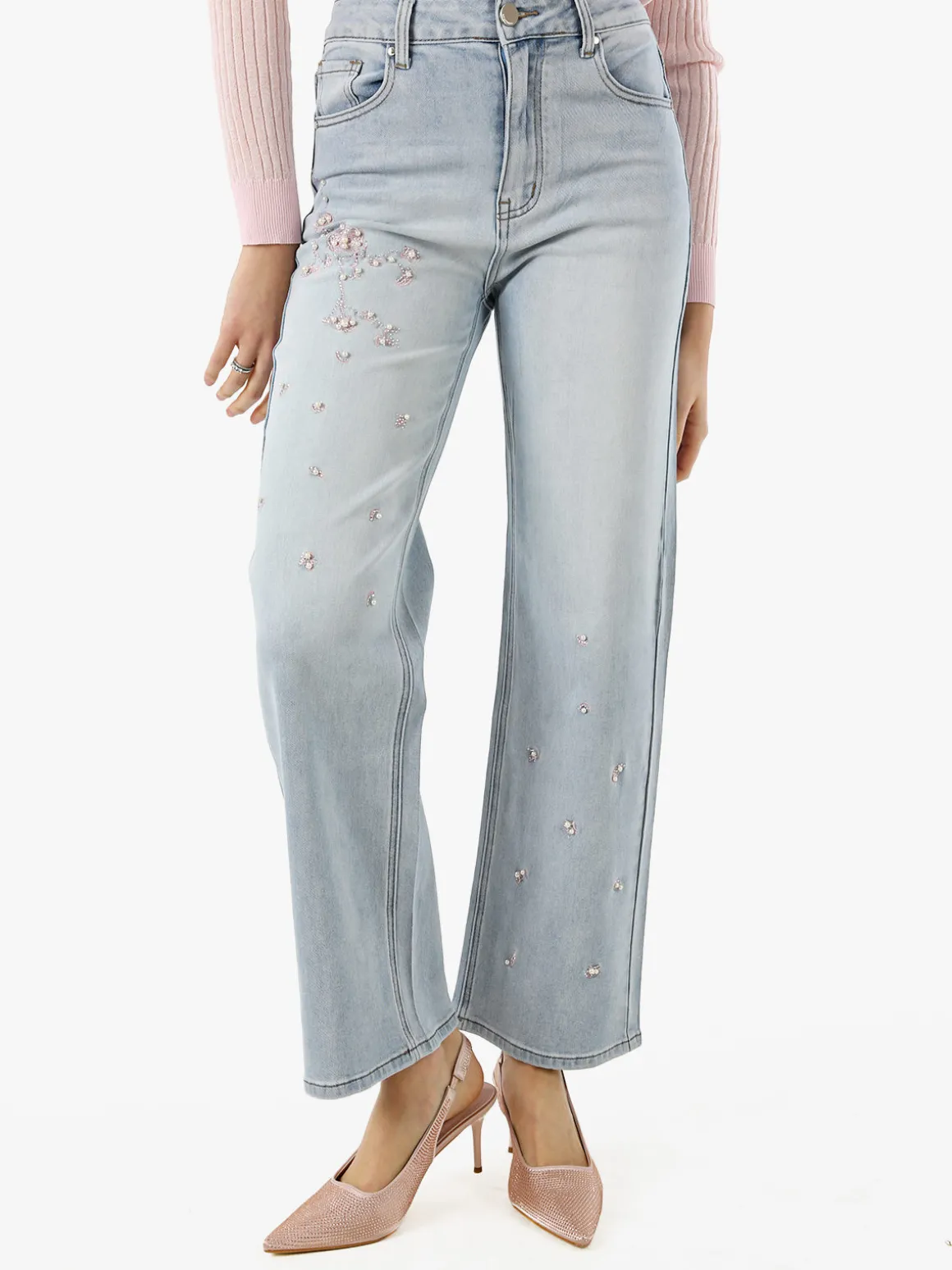 Max & Liu Jeans donna a gamba larga con ricami e perle - jeans