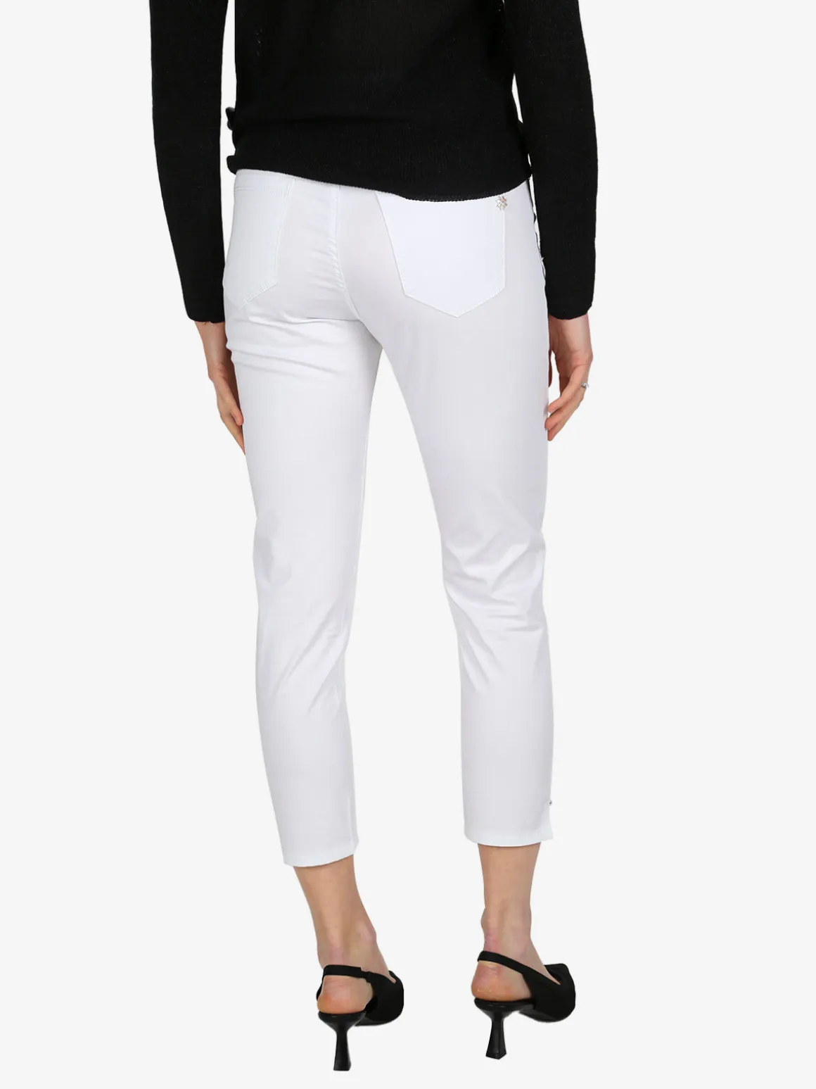 Max & Liu Pantaloni capri donna in cotone con piccolo spacco e strass sul finale