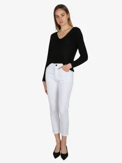 Max & Liu Pantaloni capri donna in cotone con piccolo spacco e strass sul finale