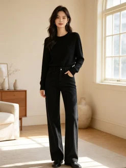 Max & Liu Pantaloni donna jeans a gamba larga - nero