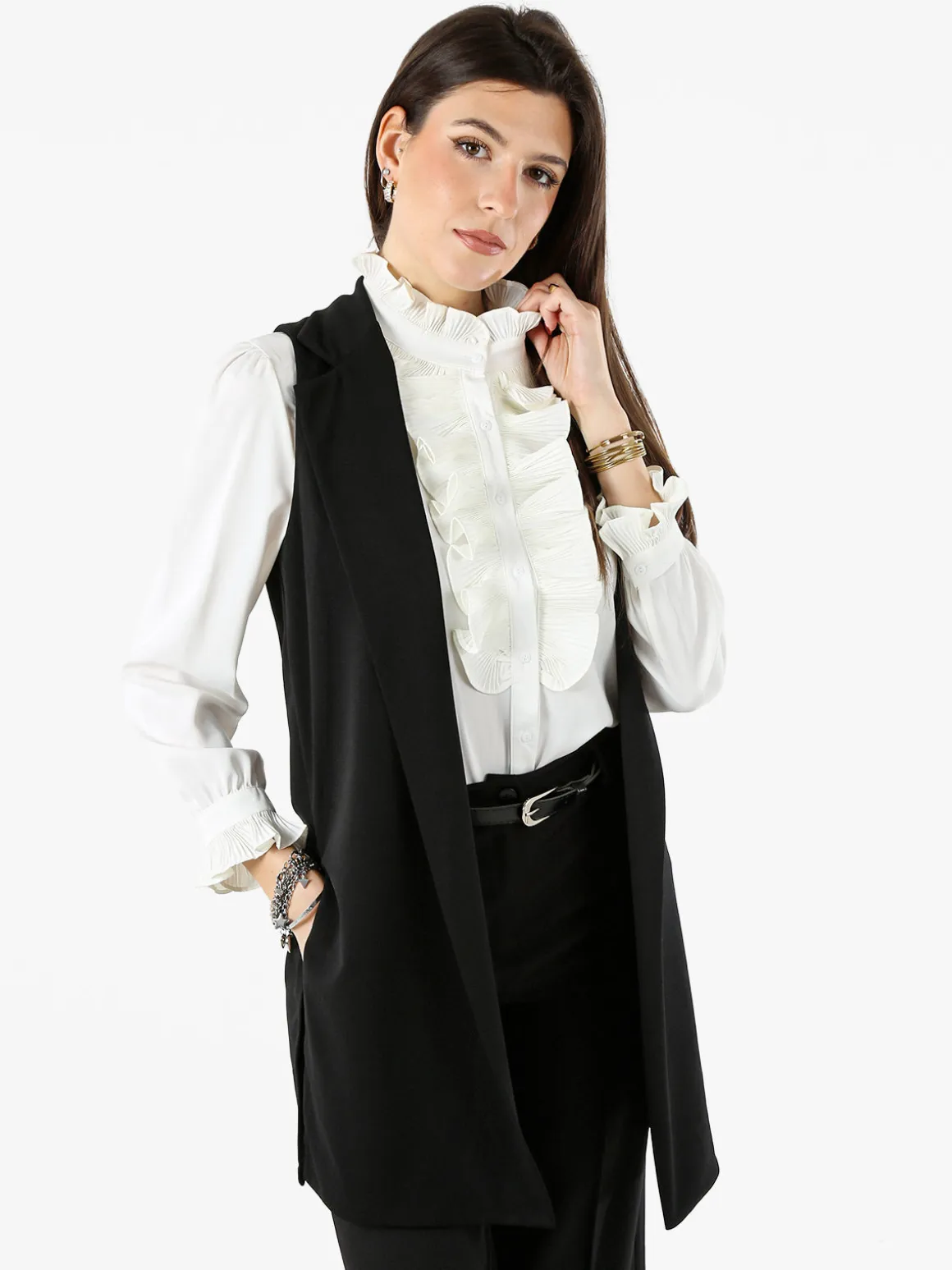 Maya Gilet lungo da donna con spacchi profondi - nero