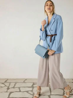 Melitea Blazer donna a doppiopetto con cintura in vita - cielo