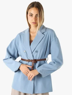 Melitea Blazer donna a doppiopetto con cintura in vita - cielo