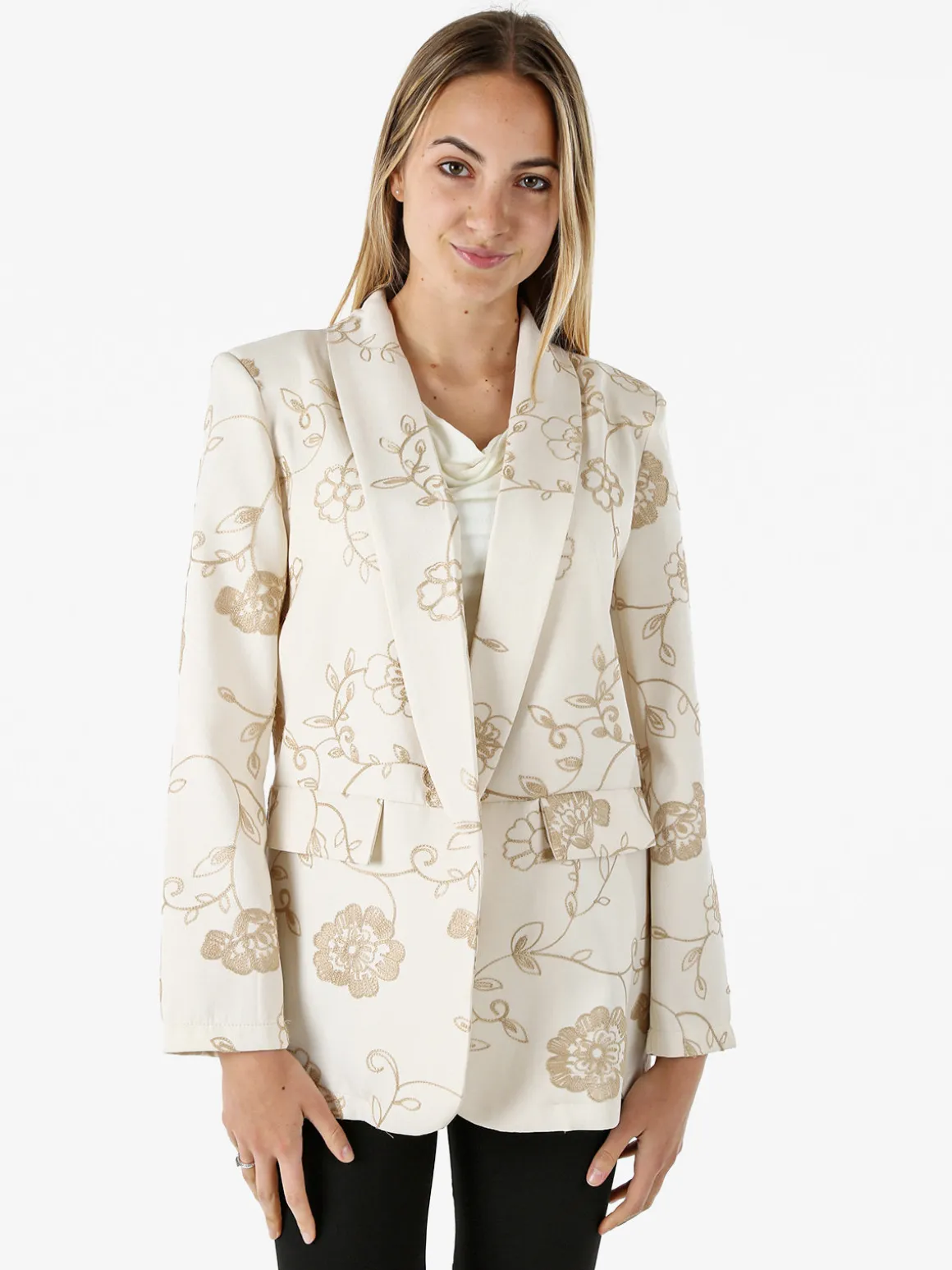 Melitea Blazer donna aperto con ricami floreali - beige