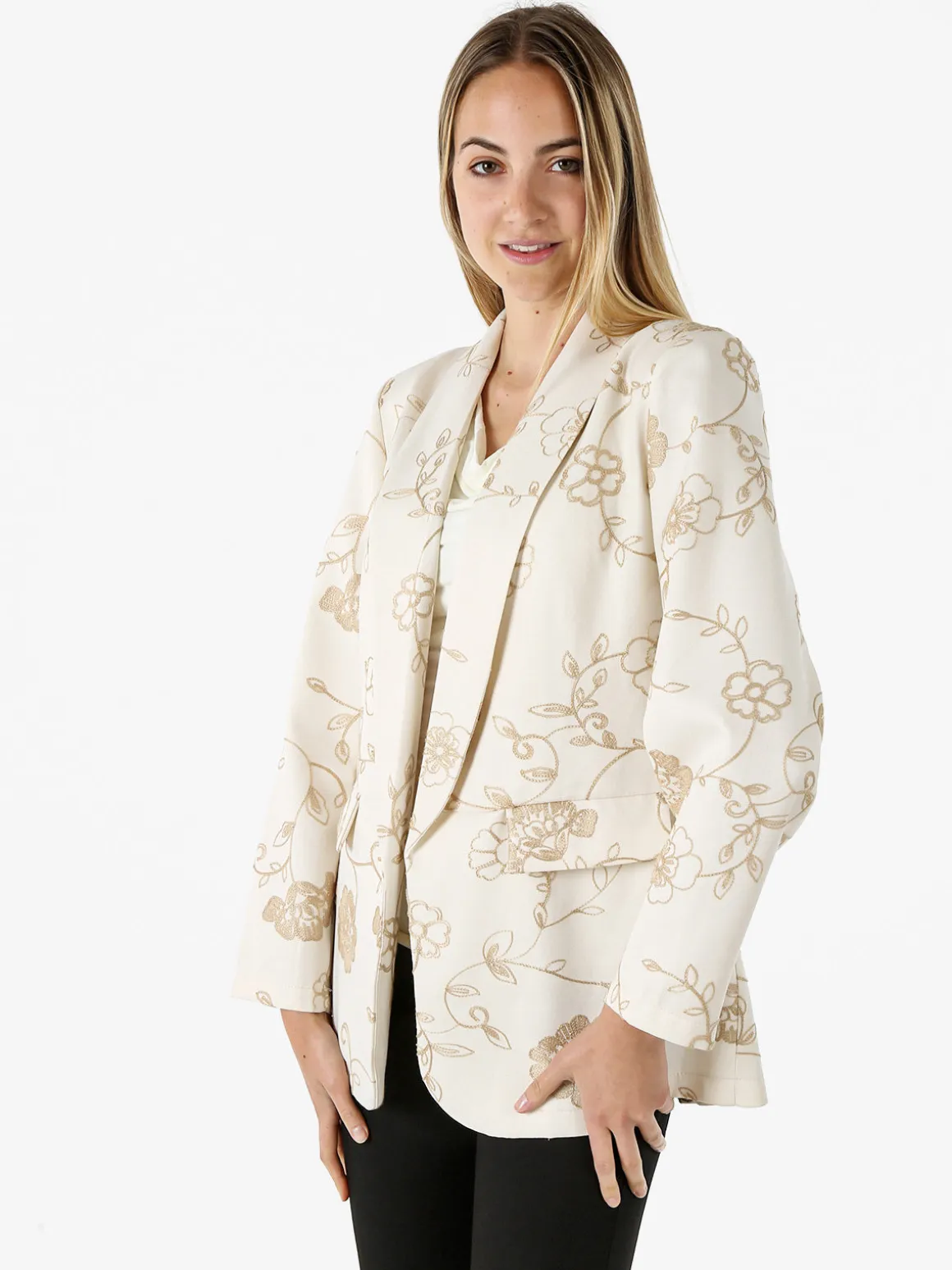 Melitea Blazer donna aperto con ricami floreali - beige