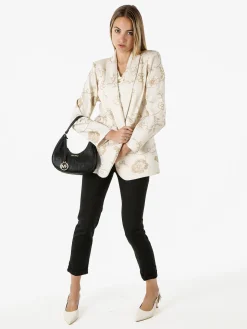 Melitea Blazer donna aperto con ricami floreali - beige