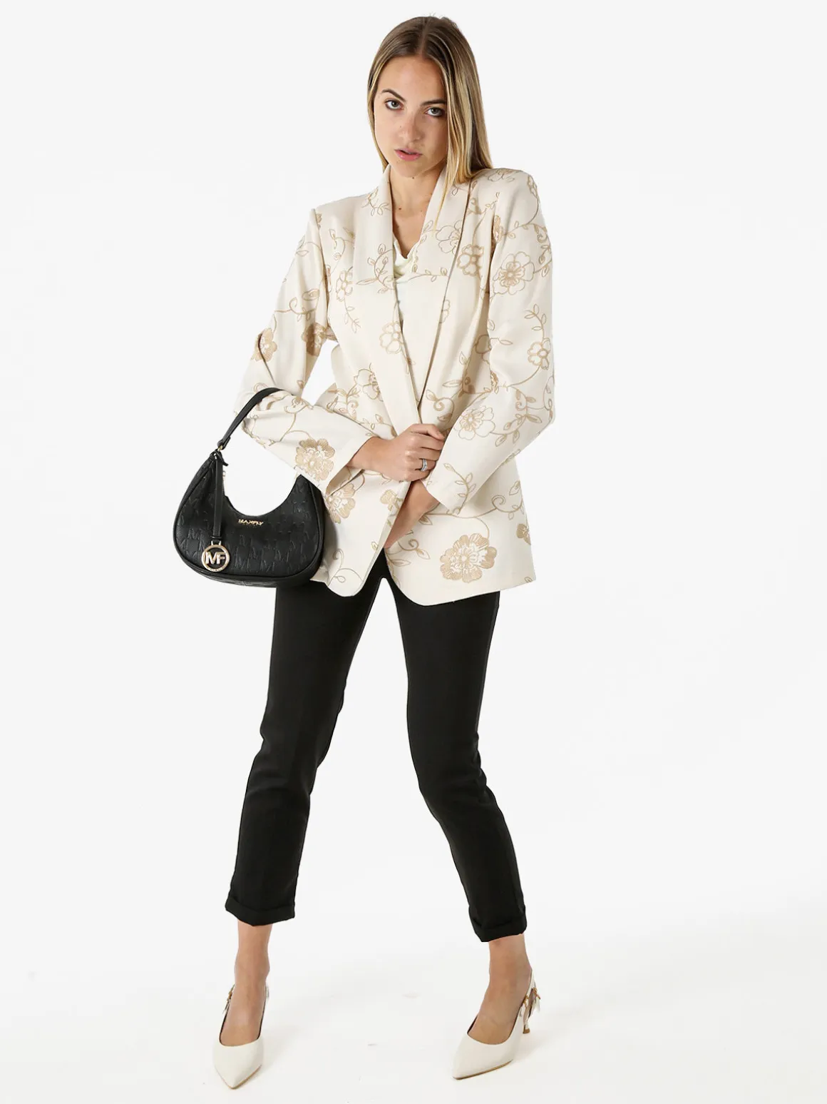 Melitea Blazer donna aperto con ricami floreali - beige