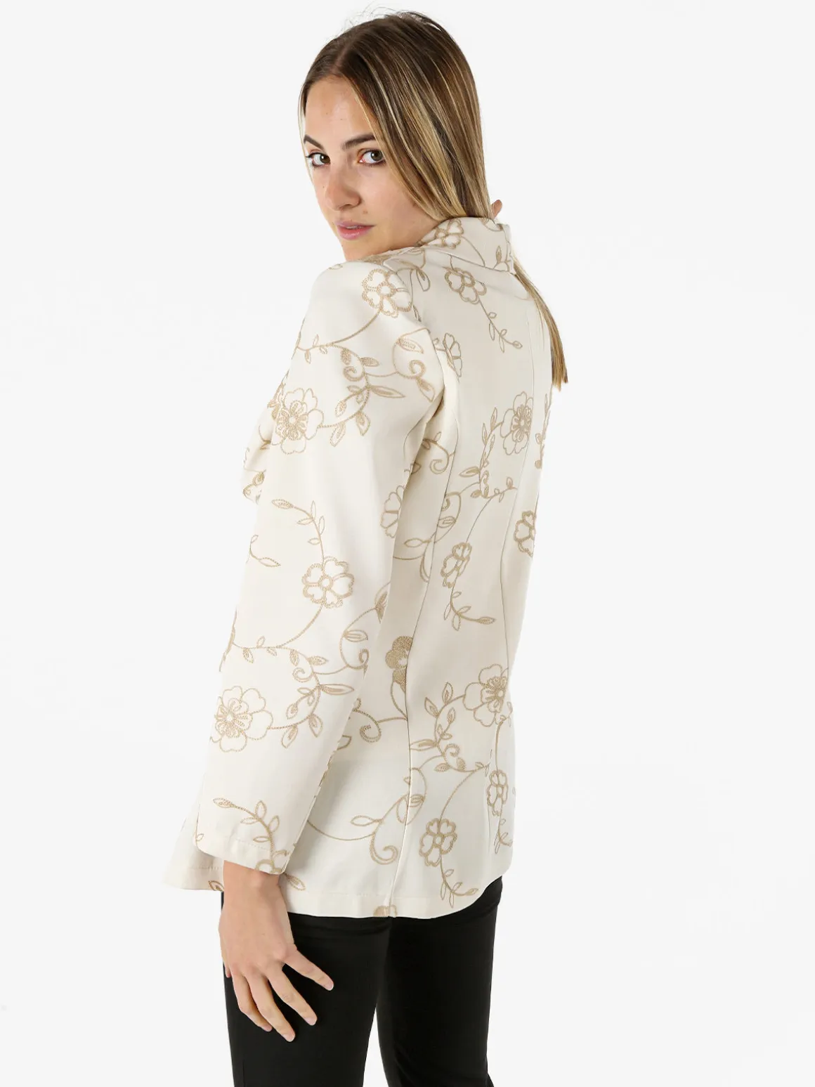 Melitea Blazer donna aperto con ricami floreali - beige