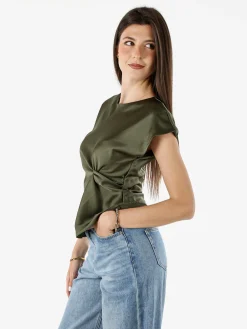 Melitea Blusa donna a maniche corte in tessuto effetto raso - militare