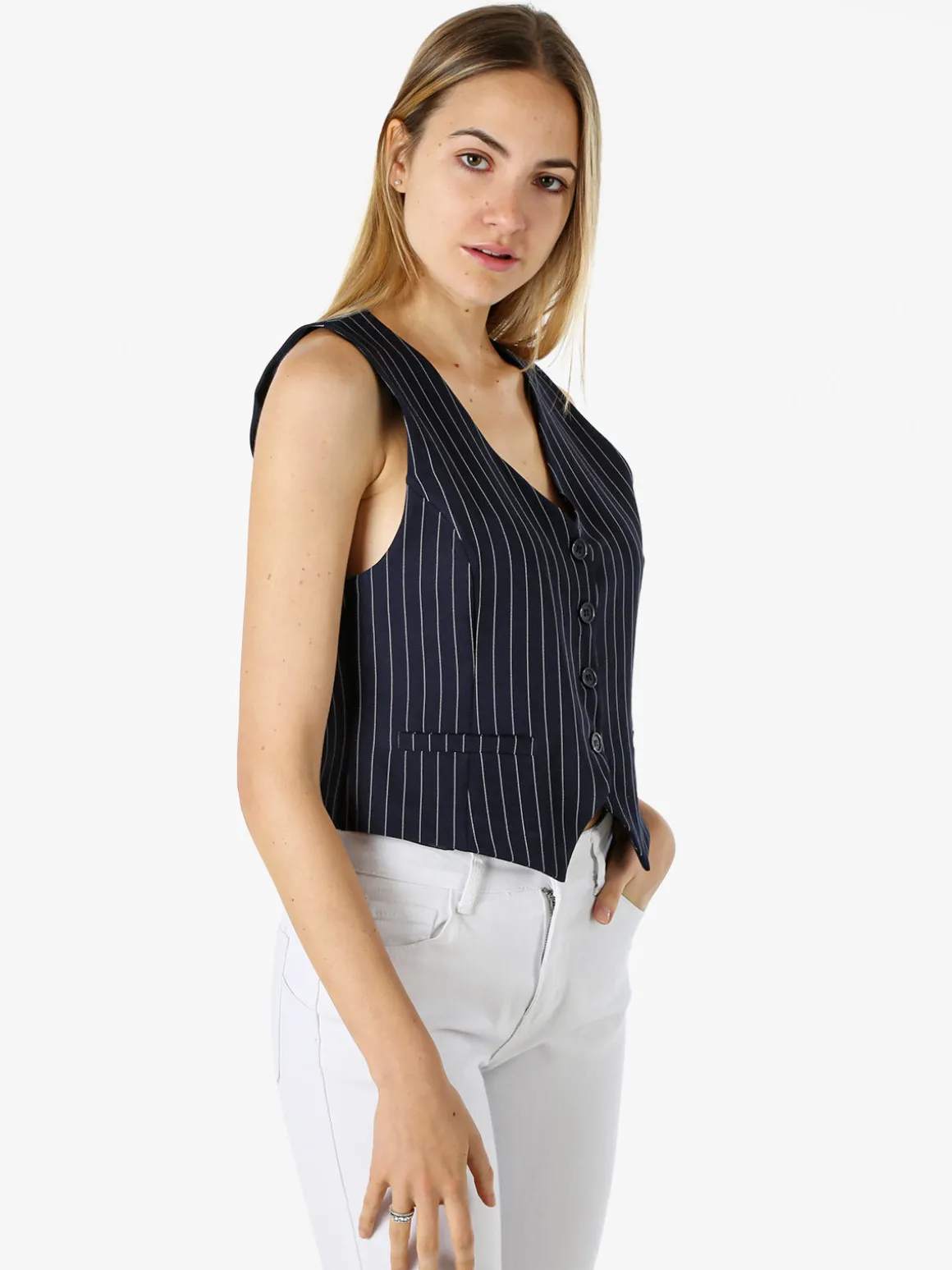 Melitea Gilet donna gessato con bottoni - blu scuro