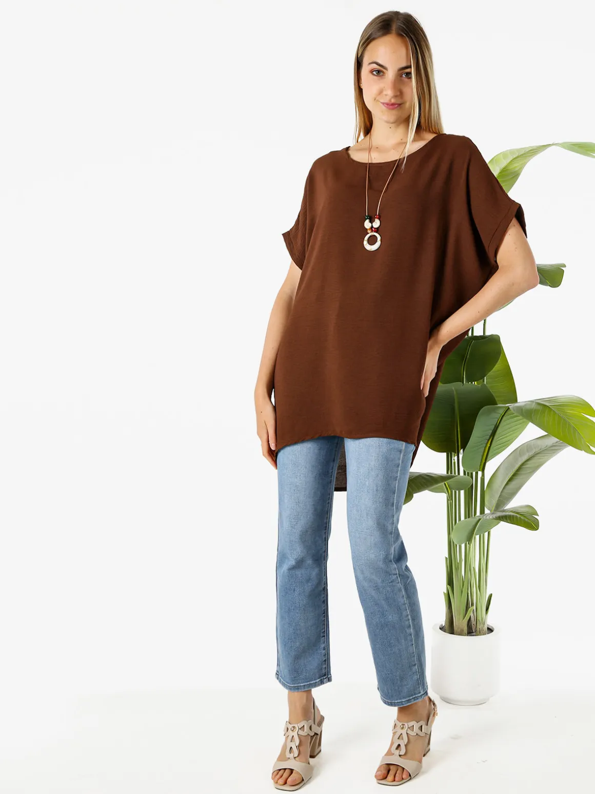 Melitea Maxi blusa da donna a maniche corte - moro