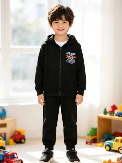 Mg Fashion Studio Completo tuta da bambino con cappuccio e zip e stampa davanti e dietro - nero