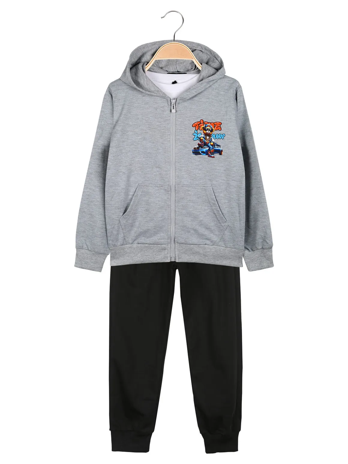 Mg Fashion Studio Completo tuta da bambino con cappuccio e zip e stampa davanti e dietro - grigio