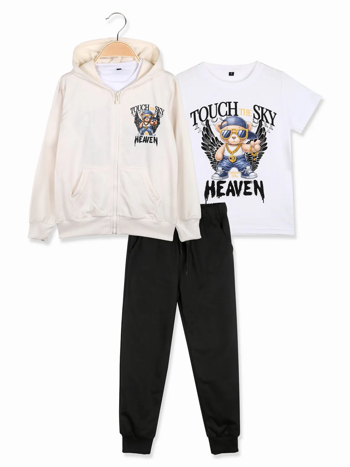 Mg Fashion Studio Completo tuta 3 pezzi da ragazzo con cappuccio e zip - beige