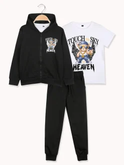 Mg Fashion Studio Completo tuta 3 pezzi da ragazzo con cappuccio e zip - nero