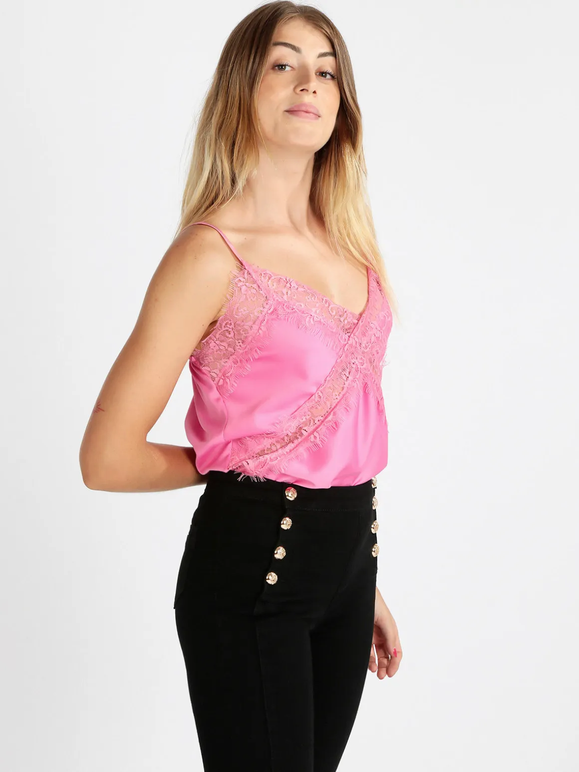 Miranda Top donna effetto raso con pizzo
