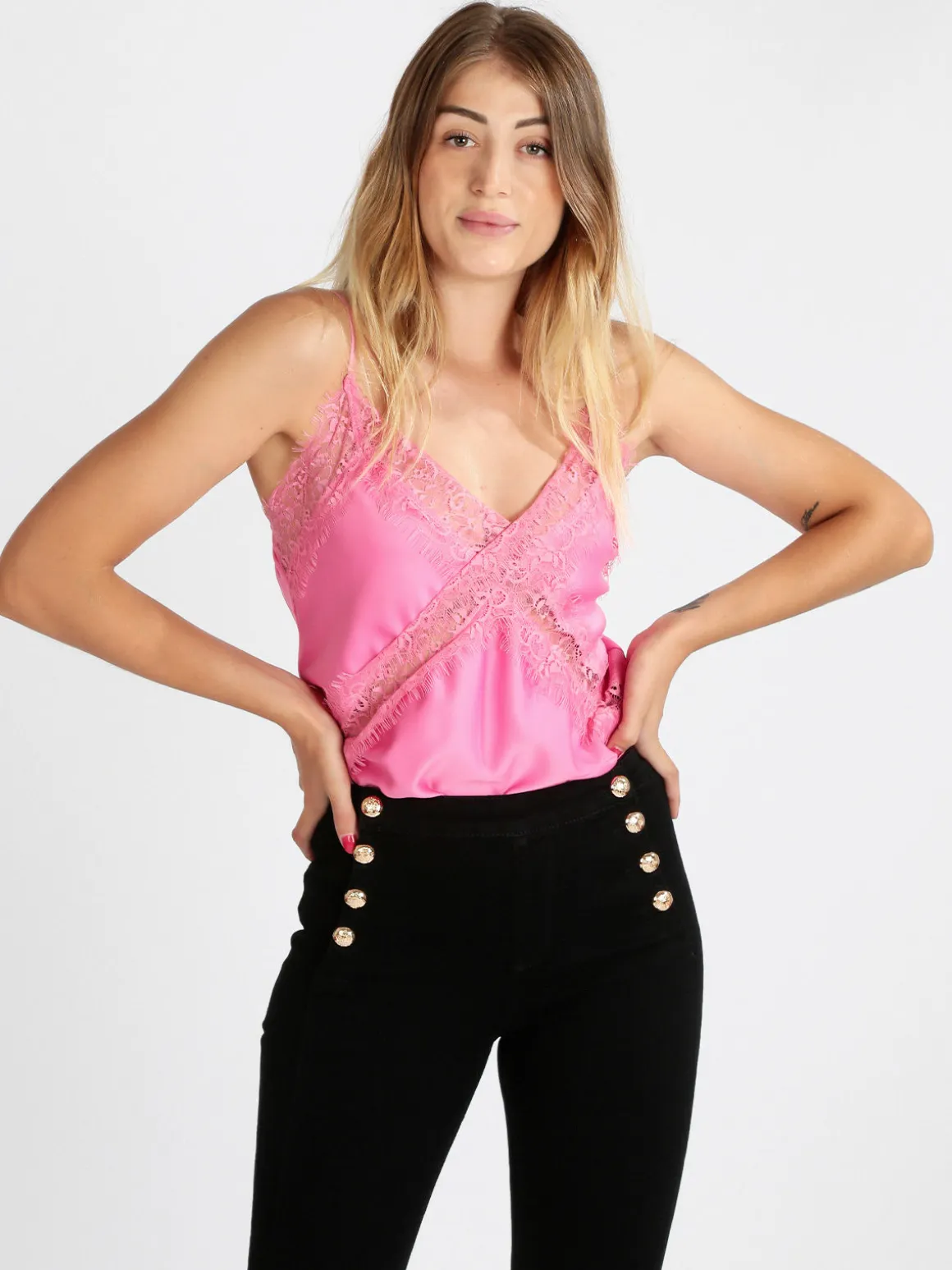 Miranda Top donna effetto raso con pizzo