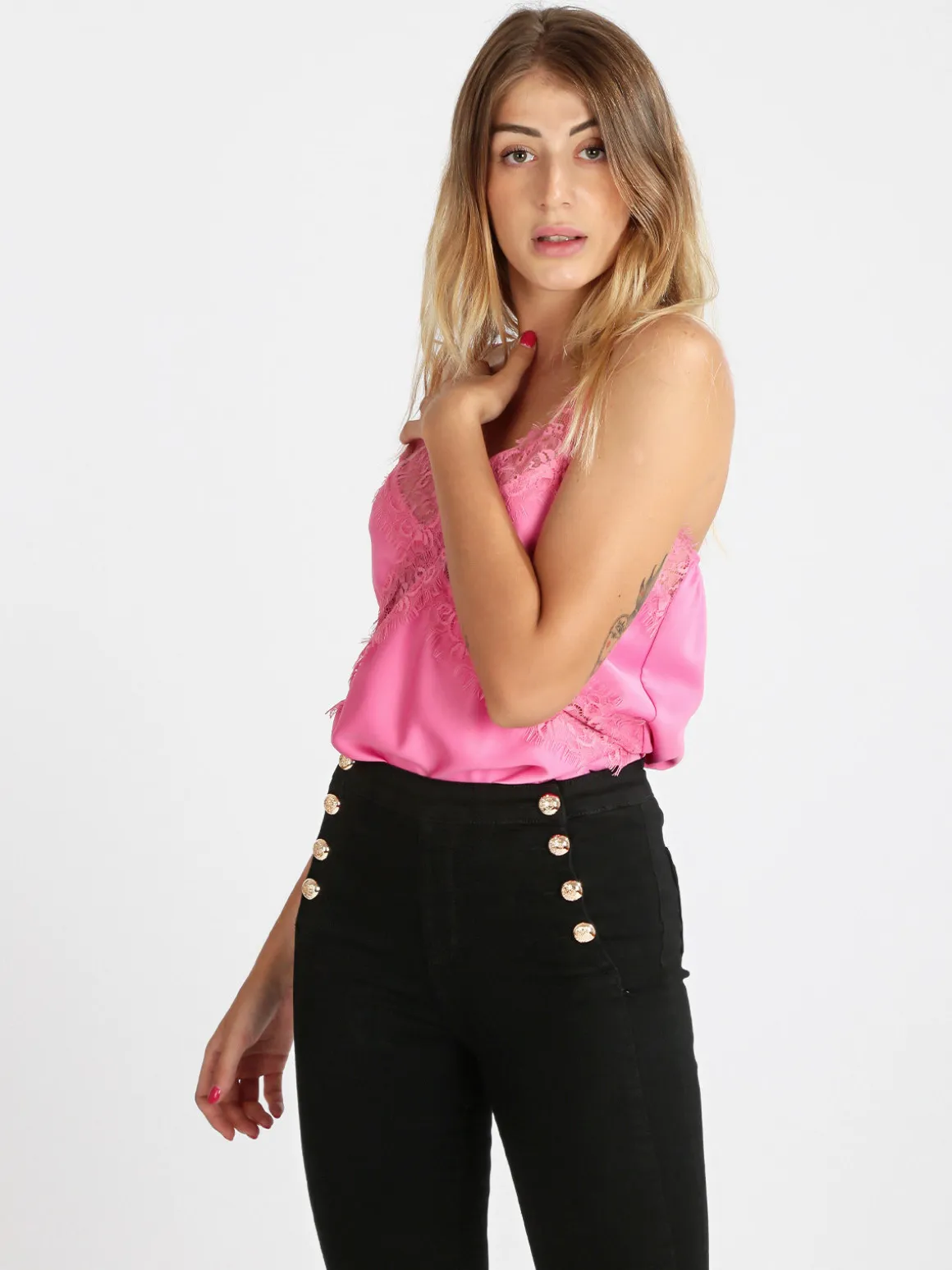 Miranda Top donna effetto raso con pizzo