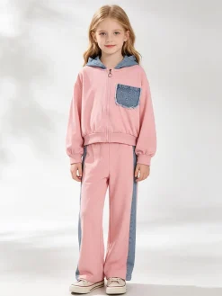 Miss Bellina Completo 2 pezzi da bambina a gamba larga con cappuccio in jeans e zip - rosa