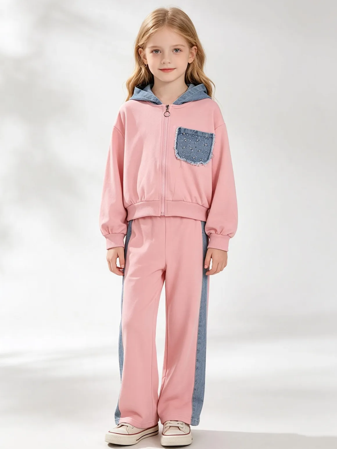 Miss Bellina Completo 2 pezzi da bambina a gamba larga con cappuccio in jeans e zip - rosa