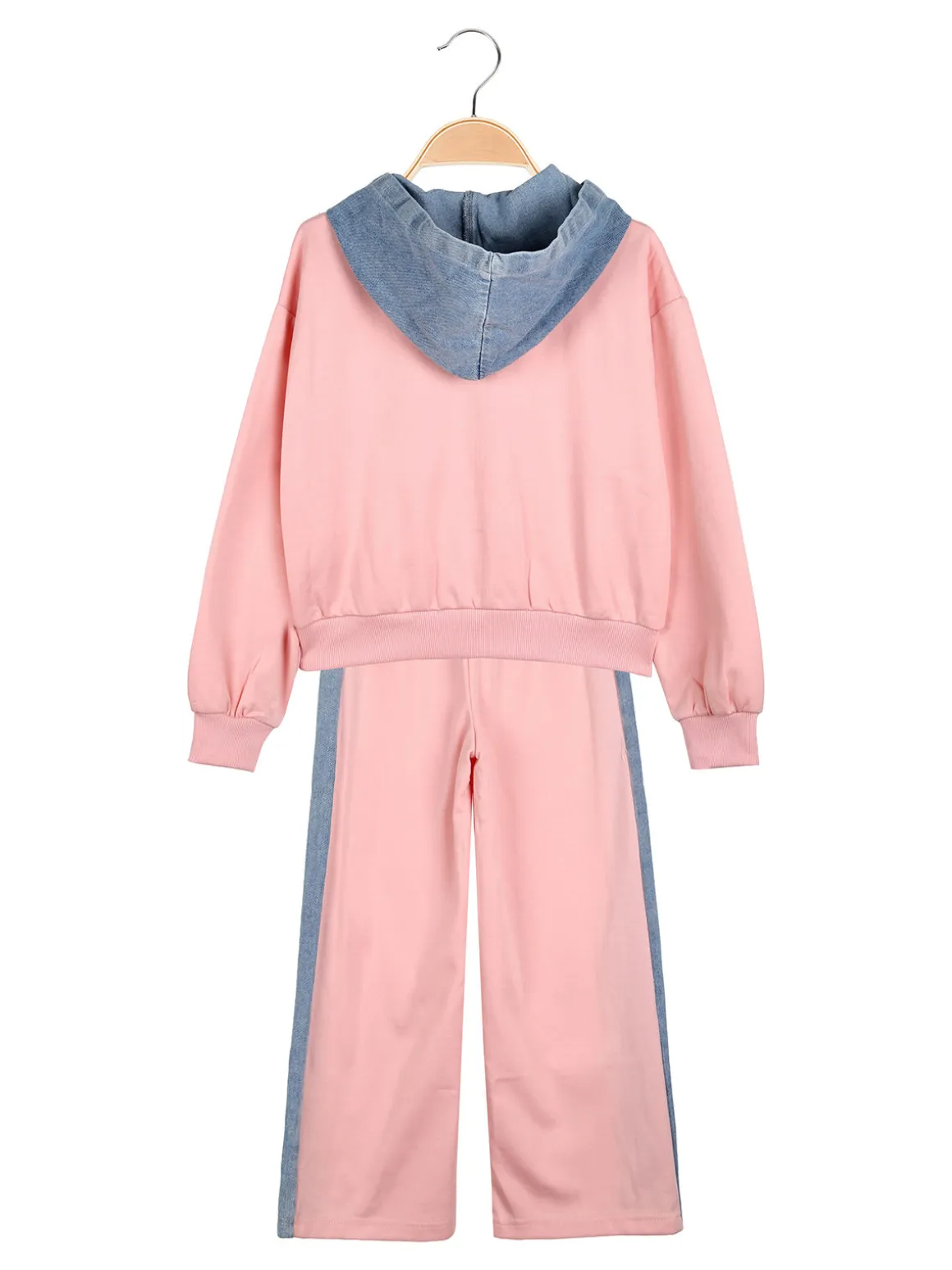 Miss Bellina Completo 2 pezzi da bambina a gamba larga con cappuccio in jeans e zip - rosa