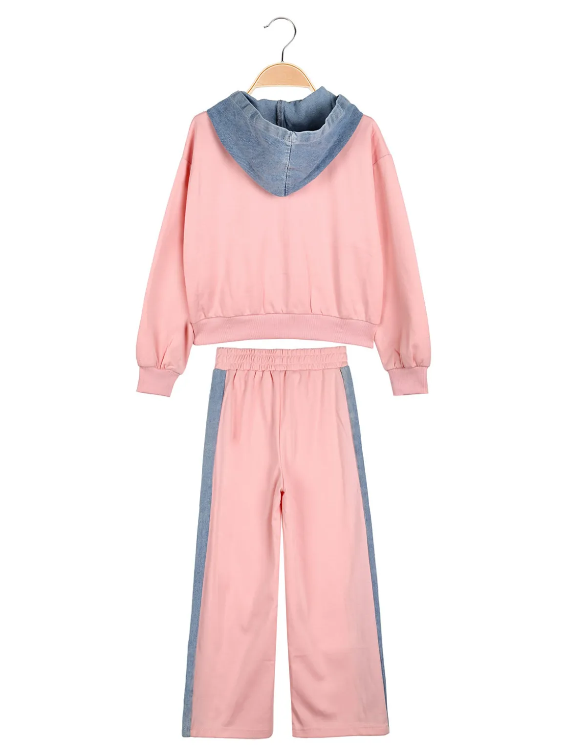 Miss Bellina Completo 2 pezzi da bambina a gamba larga con cappuccio in jeans e zip - rosa