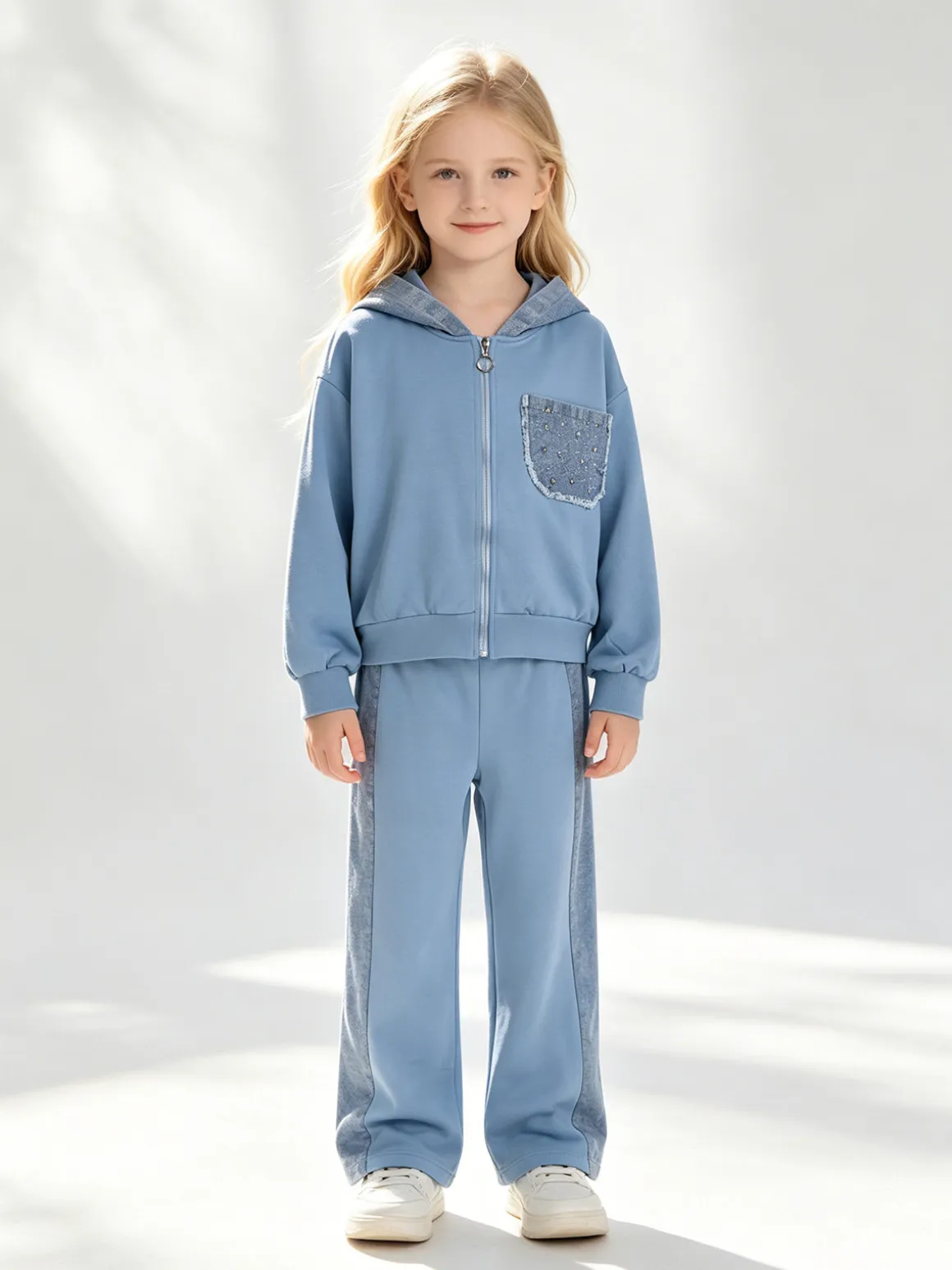 Miss Bellina Completo 2 pezzi da bambina a gamba larga con cappuccio in jeans e zip - azzurro