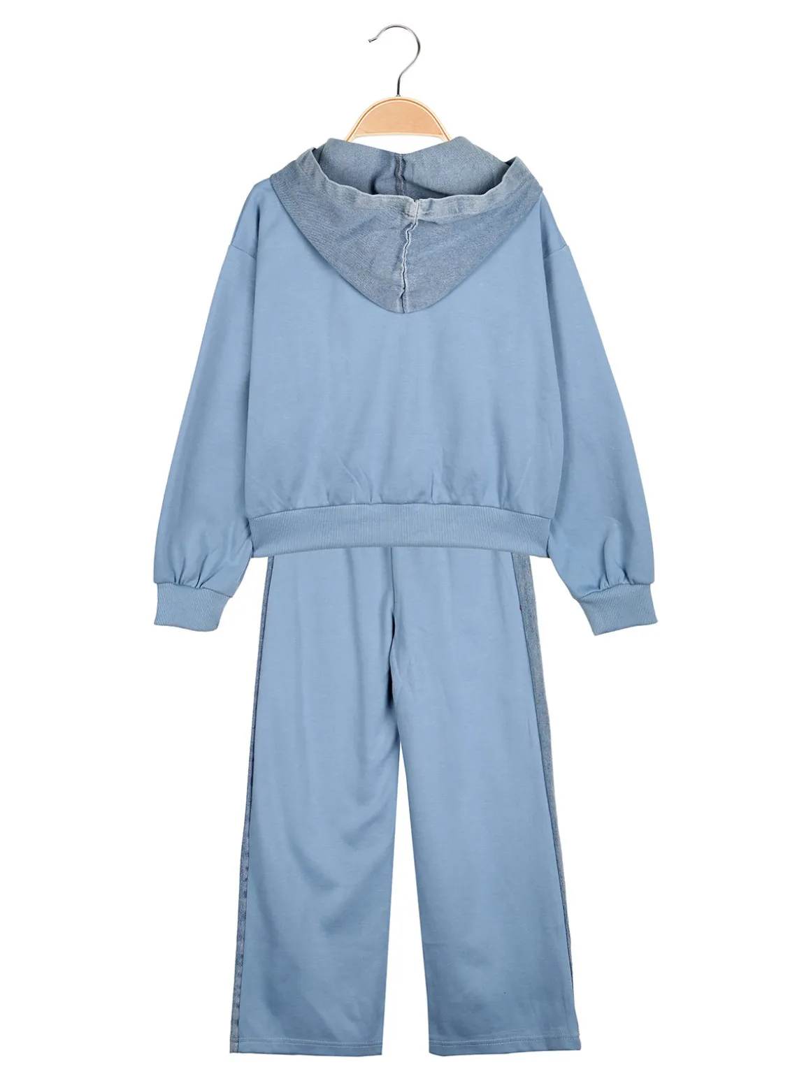 Miss Bellina Completo 2 pezzi da bambina a gamba larga con cappuccio in jeans e zip - azzurro