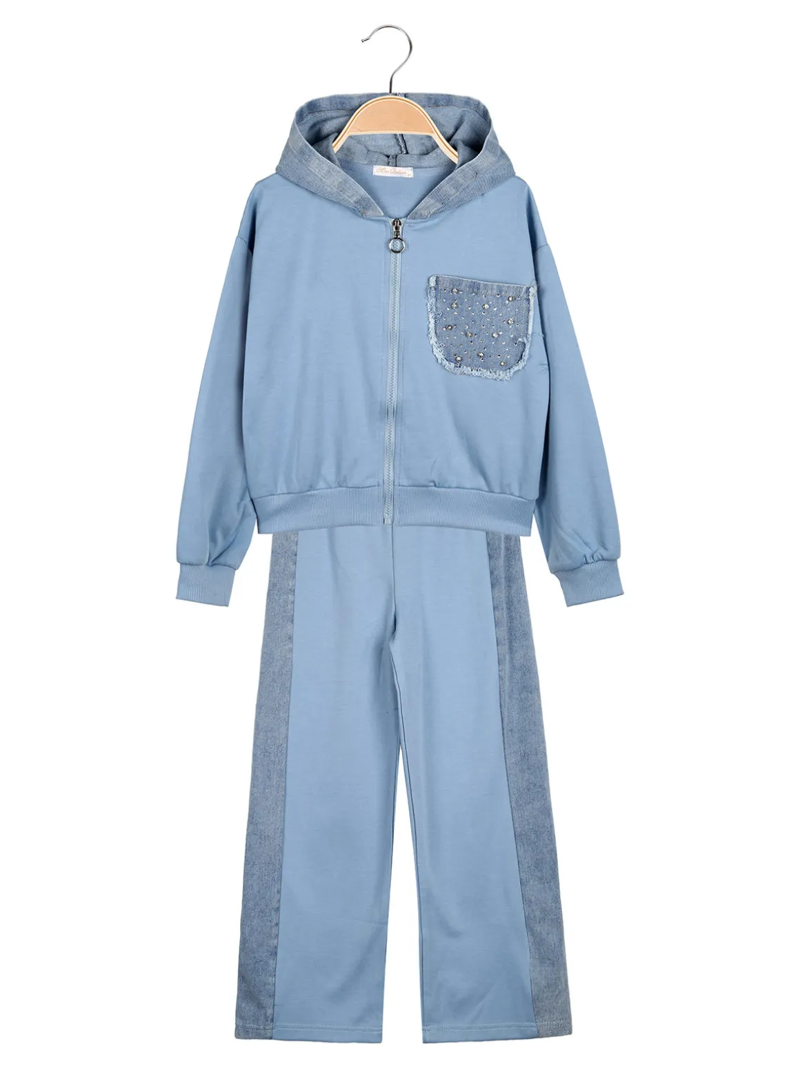 Miss Bellina Completo 2 pezzi da bambina a gamba larga con cappuccio in jeans e zip - azzurro
