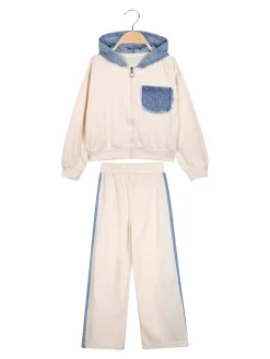 Miss Bellina Completo 2 pezzi da bambina a gamba larga con cappuccio in jeans e zip - panna