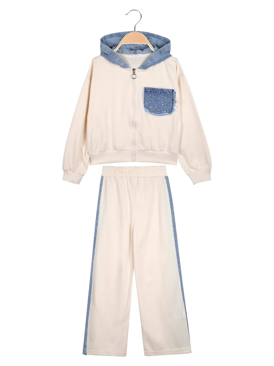 Miss Bellina Completo 2 pezzi da bambina a gamba larga con cappuccio in jeans e zip - panna