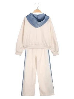 Miss Bellina Completo 2 pezzi da bambina a gamba larga con cappuccio in jeans e zip - panna